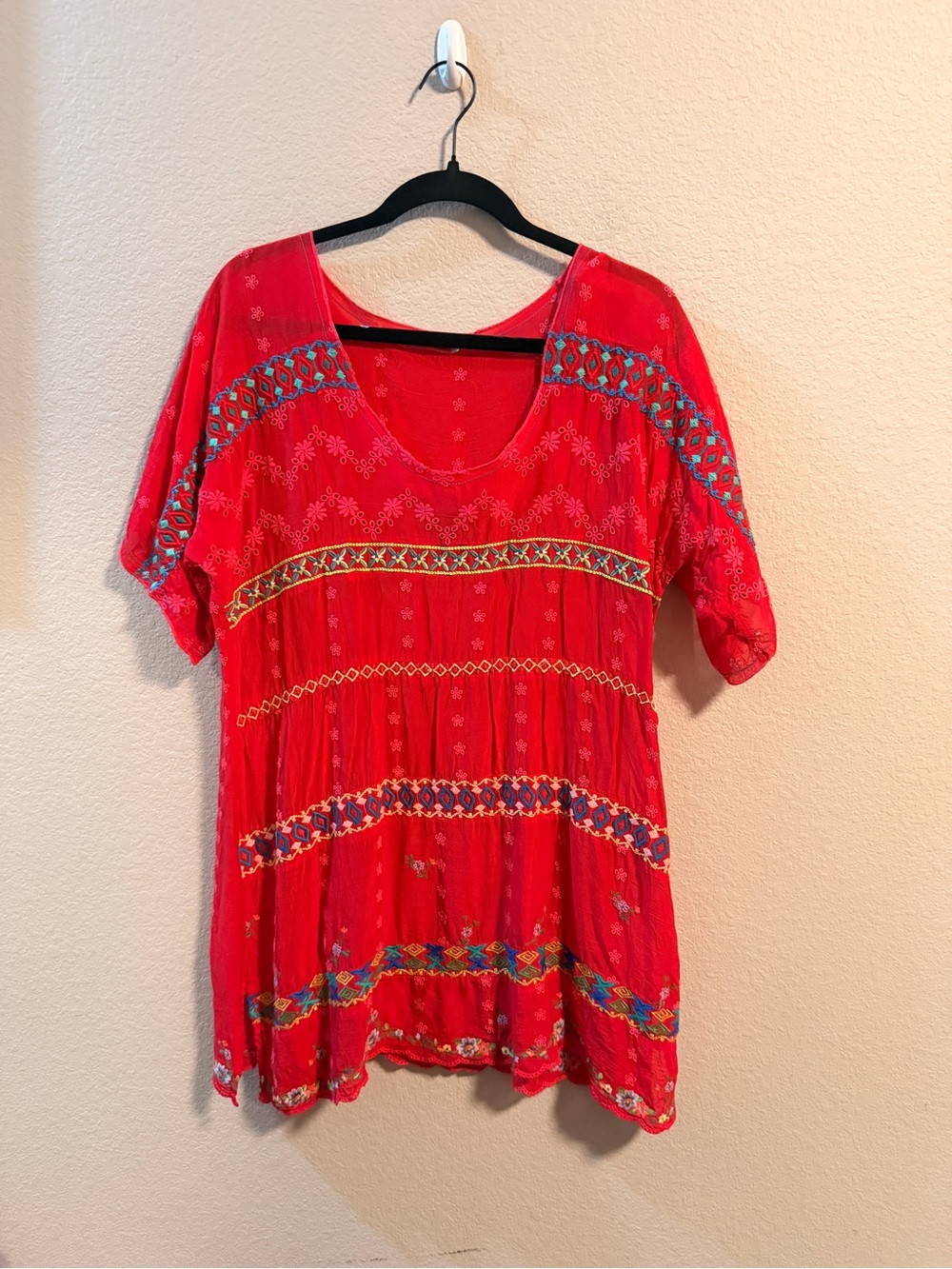 Johnny Was tunic featuring colorful geometric embroidery and eyelet